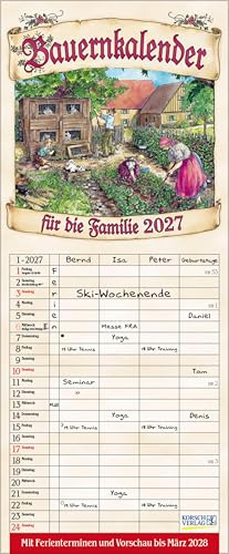 Bauernkalender 2027: Familienplaner - 4 große Spalten mit viel Platz. Hochwertiger Familienkalender mit netten Bildern, Ferienterminen und Vorschau bis März 2027. 19 x 46 cm.