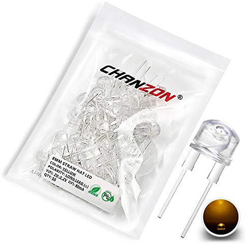 Chanzon 50 pcs 8mm Yellow LED Diode Lights (Clear Straw Hat Transparent DC 2V 100mA 0.25W) Super Bright Lighting Bulb Lamps Electronics Components Light Emitting Diodes
