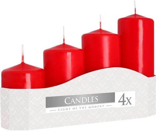 Advent Pillar Candles, Pack of 4, Diameter 5.0 cm x 7/9/11/13 cm (Red)