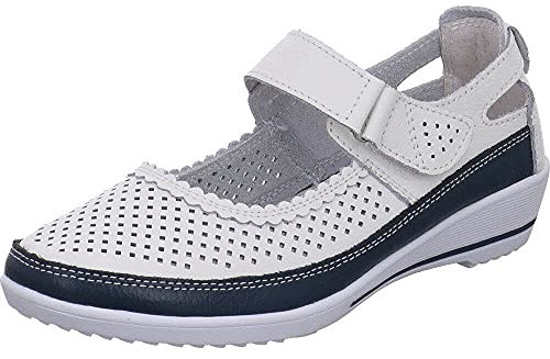 Damen Slipper von Scandi in Blau aus Echtleder mit Cutouts und Klettverschluss. weiß Gr. 39