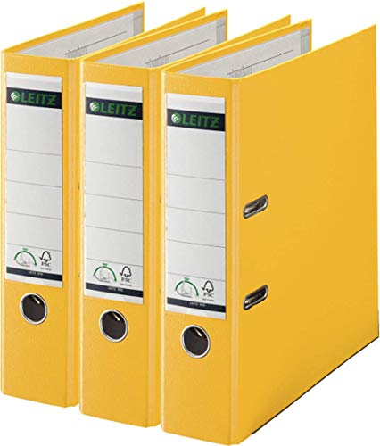Leitz 1010 Qualitäts-Ordner Kunststoff breit mit patentierter 180º Präzisionsmechanik (3 Stück) 8 cm breit gelb
