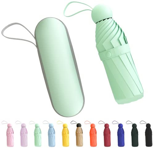 Xiuying Feng Mini paraguas de viaje con funda, compacto, ligero, paraguas UV UPF 50+, sombrilla portátil resistente al viento para mujeres, hombres y niños, Verde, 8 Ribs