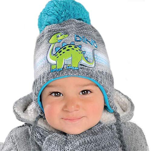 AJS Babymütze Kindermütze Mütze + Schal Wintermütze Baby Winter 6-18 Monate Set Warm Bommel Dinio (C)