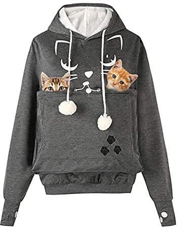 AMOYUN Frauen Kapuzenpullover mit Katzen Hund Großen Tasche,Mode Unisex Katze Ohr Langarm Hoodie Sweatshirt Kapuze Hoodie Hundetasche für Haustier Hund Katze Halter