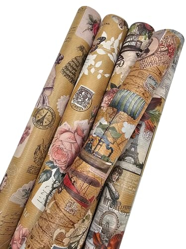 Geschenkpapier Romantisches Paris Retro Öko Recycling Papier Geburtstagspapier Set 5 Rolle a` 2m x 70cm für Geburtstag Hochzeit