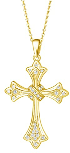 FANCIME Damen Halskette mit Gotik Kreuz Anhänger Kette aus 925 Sterling Silber Gelbgold Plattiert mit Funkelnde Zirkonia Schmuck für Frauen Kinder - Verstellbar Kettenlänge: 40 + 5 cm
