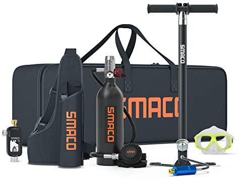 SMACO Botella de Buceo 1L para Buceo en Aguas Poco Profundas, Mini Botella de Buceo Que Permite una Respiración de 15-20 Minutos para Buceo Recreativo/Trabajo Subacuático, Conjunto D (Negro)