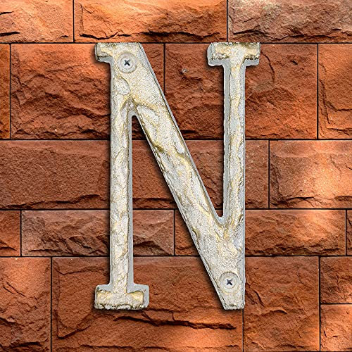 5 Inch High Home Address House Numbers- Unique Cast Iron Metal Mailbox Number/Letters for Outside or Front Door, Handmade Gold & White Finish (Letter N)