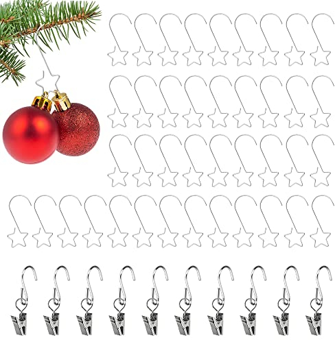 CODIRATO 50 Stück Weihnachtskugel Aufhänger Metall Kugelaufhänger Weihnachtskugel Haken Stern Weihnachtsbaum Haken Metallhaken mit Klammern für Weihnachtsbaum Kugel Christbaumschmuck