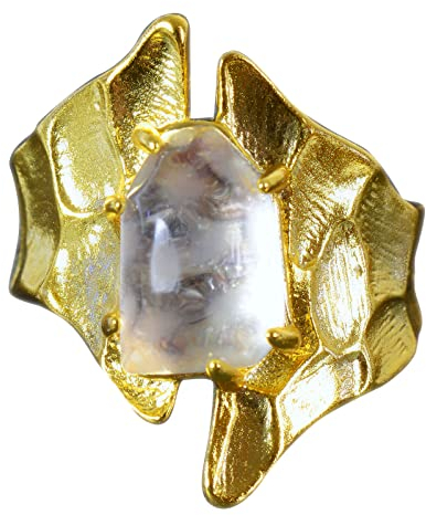 NicoWerk Damen Silberring Bergkristall aus 925 Sterling Silber Golden Gehämmert Breit mit Stein Asymmetrisch Eklatant Verstellbar Offen SRI779