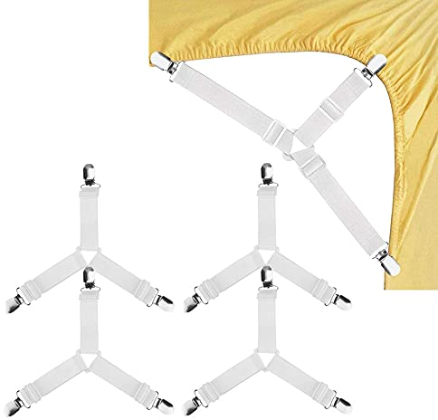 4 Pieces Bed Sheet Clips Matratzenbezughalter Verschlüsse, 4 Stück Bettlaken-Klammern dreieckig, Hosenträger, Clips Bettlakenhalter, Matratzenklammern verstellbare Bettbänder für Spannbettlaken