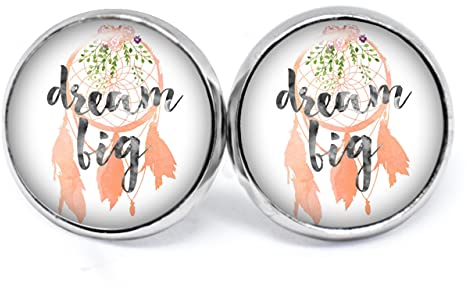JUANLOWE Dream Big Ohrringe mit Spruch, Damen Sprüche Ohrstecker - Träume groß Stecker mit Traumfänger Motiv (Mehrfarbig)
