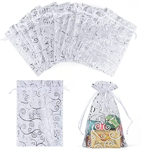 CLTPY 100 Stück Silber Organzasäckchen 10x15 cm Druck Schmuckbeutel Organzabeutel Geschenkbeutel Hochzeit Säckchen mit Kordelzug für Festival Geburtstag Party
