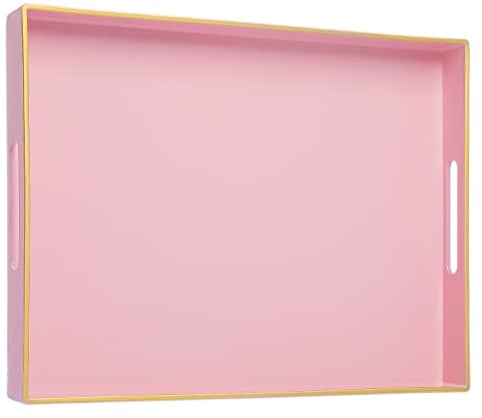 MAONAME Pink Rectangular Serving Tray with Handles, Modern Coffee Table & Bathroom Decor, 15.7 x 11.8 x 1.57