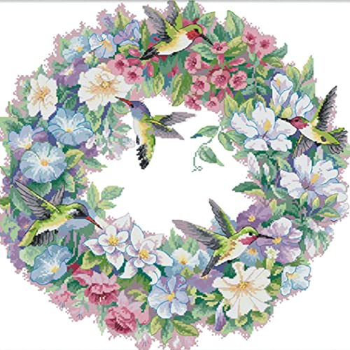 OWN4B Kreuzstich Stickpackungen Vorgedruckt, Blumen Kranz und Kolibri Bilder 11CT 14,2x14,2 Zoll DIY Stickpackung Set
