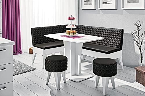 Rodnik Essecke Polaris Eckbankgruppe 4 TLG. Set: Eckbank/Sitzbank mit Stauraum, Esstisch/Säulentisch, 2 Hocker Kunstleder (weiß/schwarz)