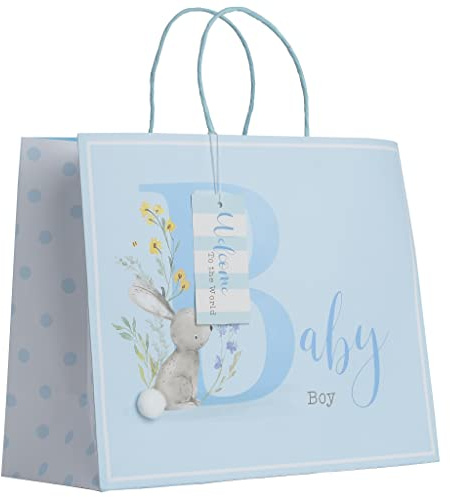 Design By Violet White Kraft Paper Rabbit Blue Baby Boy Gift Bag With Gift Tag Shopper Fully Recyclable Newborn Large