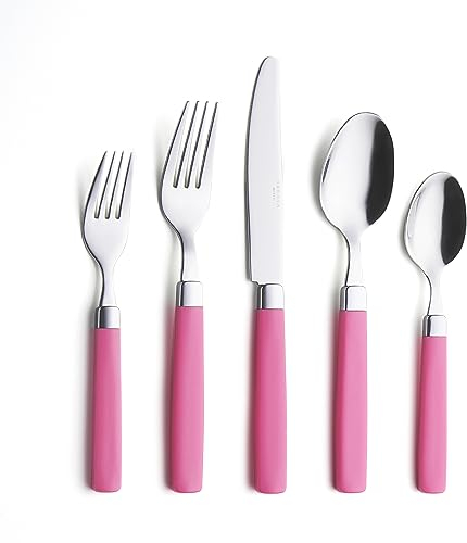 Annova Stainless Steel Cutlery Set with Color Handles - Dinner Forks, Salad Forks, Table Knives, Tablespoons, Teaspoons - Service for 4 (Pink)