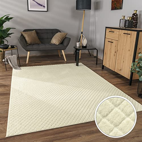 Paco Home Teppich Wohnzimmer Schlafzimmer Kurzflor Skandinavisches Boho Design Geometrisches Rauten Muster 3D Effekt Einfarbig, Grösse:60x100 cm, Farbe:Creme