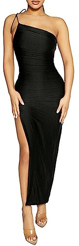 KOEMCY Damen Kleider One Shoulder Sommerkleid Midikleid Sexy Partykleid Schulterfrei Ärmellos Gefaltet Bodycon Wickelkleid Bleistiftkleid (Schwarz, L)