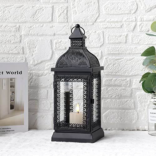 TRIROCKS Metall-Kerzenlaterne Rustikaler Stil 33cm Hohe Dekorative Außenlaterne Kerzenhalter Mit Gehärtetem Glas Für Thanksgiving Garten Terrasse Partys Drinnen Draußen (Schwarz)