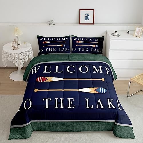 Kids Lake House Tröster-Set für King-Size-Bett, Retro-Paddel, Holz-Bettwäsche-Sets für Kinder, Jungen, Teenager, Erwachsene, rustikales Bauernhaus-Bettwäsche-Set, alte Scheune, See, Paddel,