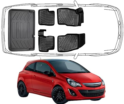 Rizline Passgenau 3D Fussmatten & Kofferraumwannee Auto Set Kompatibel mit Opel Corsa D 2006-2019 Auto Zubehör Gummimatten & Kofferraummatte Autos TPE Allwetter Geruchlos rutschfest Schwarz
