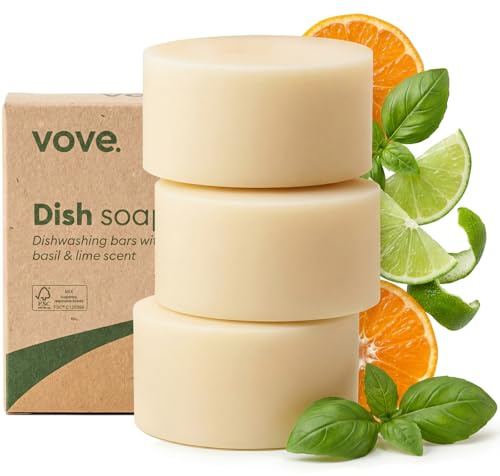 Vove Washing Up Soap Bar, 3 Pack, Coastal Citrus Mint with Mandarin, Spearmint, Cypress & Bergamot, Plant-Based, Plastic-Free, Zero Waste, Coconut Cleanser, FSC-Certified Packaging