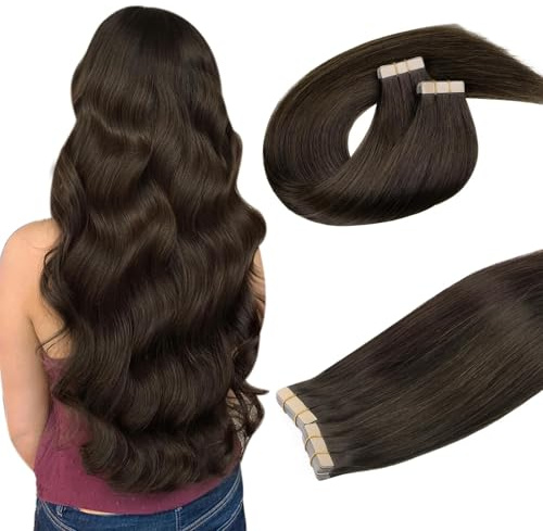 DOORES Hair Extensions Tape in Human Hair, Light Dark Brown 24 Inch 100g 40pcs, Tape in Human Hair Extensions Straight Remy Hair Extensions Double Side Tape Skin Weft