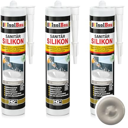 Isolbau Sanitär Silikon 3 x 300 ml Sandgrau - Hochelastischer Silikon-Dichtstoff für Abdichtungen & Fugen – Schimmelresistent, wasserdicht - Kartusche