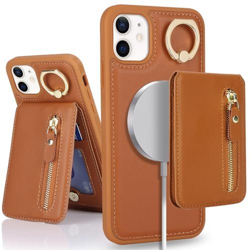 SailorTech iPhone 12/12 Pro Phone Leather Case with Credit Card Holder Magsafe, iPhone 12/12 Pro Case Ring Stand with Kickstand Card Slots Wallet Detachable 2-in-1 Zipper Case - Brown