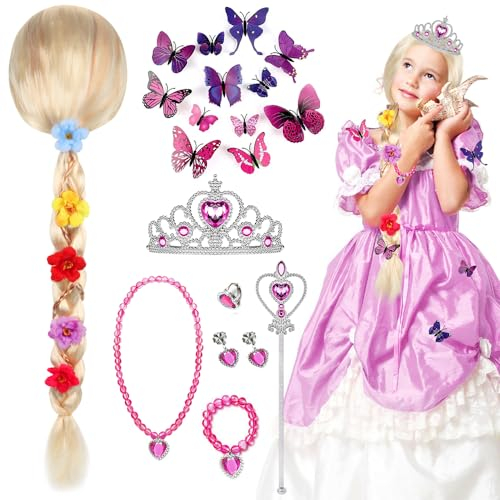 FENGQ Rapunzel Perücke, Kinderperücke Blond Rapunzel, Rapunzel Prinzessin Perücke Zopf, Rapunzel Kostüm-Perücke mit Schmetterling Krone Schmuck für Mädchen, Cosplay Perücke, Kostüm Zubehör Karneval