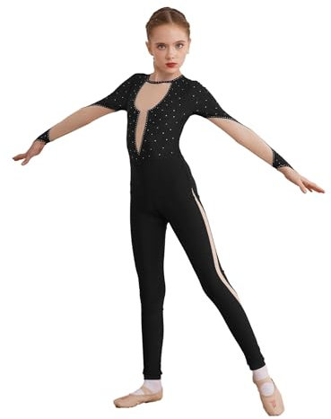 iEFiEL Mädchen Turnanzug Langarm Ganzkörperanzug Patchwork Gymnastikanzug Ballettanzug Ballett Trikot Glitzer Tanzkostüm Schwarz 134-140