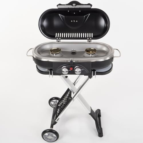 Barbacoa de gas con ruedas, 50 mbar, encendido piezoeléctrico, 2 placas de cocina, barbacoa de gas de mesa, barbacoa de camping, barbacoa de viaje