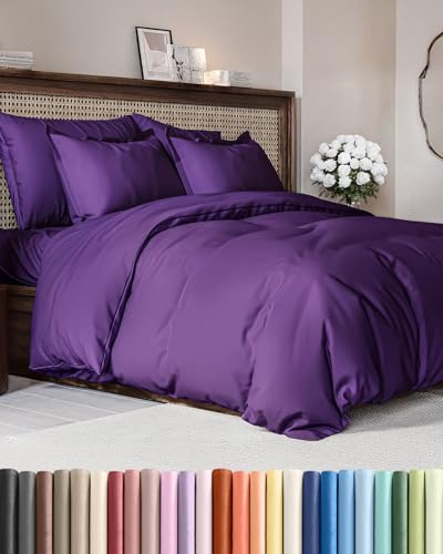 Parure de grand lit avec housse de couette extra douce 228,6 x 228,6 cm, 2 taies d'oreiller, fermetures éclair et attache, entretien facile, ne se décolore pas, confortable, respirante, violet