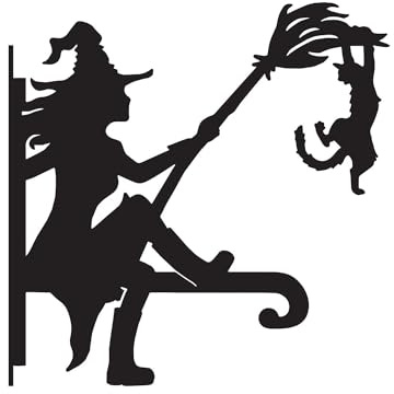 Black Steel Witch & Cat Hanging Basket Bracket - Wall Mounted Garden Plant Hook for Outdoor Baskets, Decorative Heavy Duty Garden Wall Hook