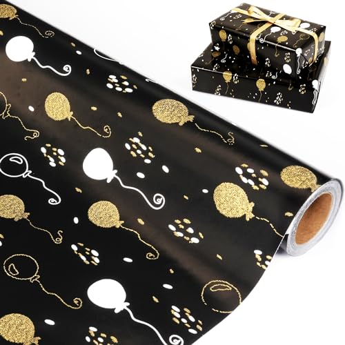 Geschenkpapierrolle, Schwarz Gold Geschenkpapier Geburtstag, metallische Luftballons, Punkte, Geschenkpapierrolle für Männer, Frauen, Jungen, schwarzes Geschenkpapier für Geburtstag, Hochzeit