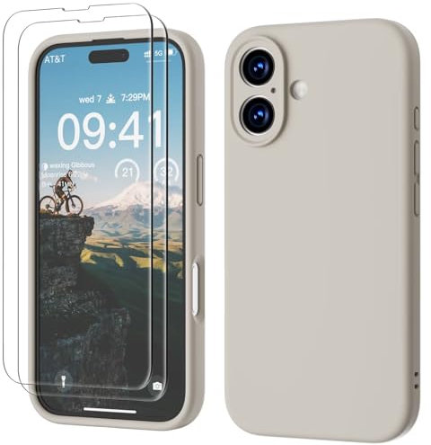 GOODVISH 3 IN 1 for iPhone 16 Case 6.1 inch, Upgraded Camera Protection, 2X HD Screen Protector, Liquid Silicone Anti-Scratch Shockproof Gel Rubber Anti-Fingerprint Phone Case Cover, Stone Grey