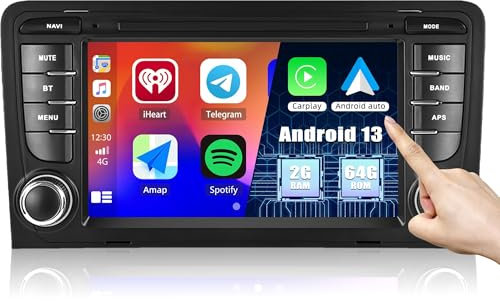 CAMECHO 2G+64G Android 13 Car Stereo Wireless Carplay for Audi A3 8P 8P1 8V S3 RS3 Sportback 7 Inch Touch Screen Car Stereo with Sat Nav HiFi RDS Bluetooth+Backup Camera