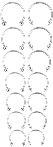 14 Stück Hufeisen Piercing Silber 6/7/8/9/10/12/14 mm Hufeisen Nasenring Creolen Set aus Chirurgischem Stahl Piercings Schmuck Hufeisen Ring Ohrringe Augenbrauen Ohrringe Septum Piercing Silber