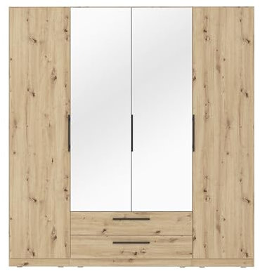 FORTE CADIXO Kleiderschrank 200, moderner Kleiderschrank Skandi Stil, 4-türig, 2 Schubladen, Spiegelfront, Holzwerkstoff, Artisan Eiche Holzdekor, 200,3 cm breit x 212,9 cm hoch x 58,9 cm tief