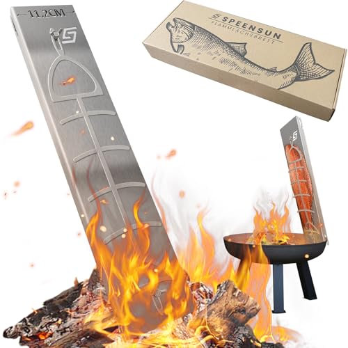 Flammlachsbrett Edelstahl für Halbe Lachs bis 11cm Breite | mit fest montierter Mutter-Einfache Haltergräte | 5-justierbare Winkel | flammlachshalter für Feuerschale bis 3mm Wandstärke(2er Satz)