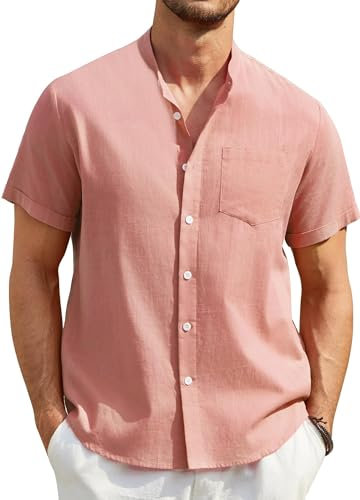 Enlision Mens Pink Linen Shirts Grandad Collar Shirts for Men Summer Collarless Cotton Henley Top Short Sleeve Regular Fit for Wedding Beach Daily XXL
