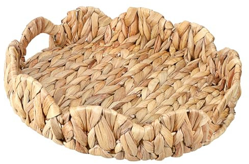 BSTKEY Natural Water Hyacinth Serving Tray Scalloped Basket Tray, Round Hand-woven Storage Tray with Handle Decorative Scalloped Edge Organizer Tray Countertop Basket for Home Office (Size M)