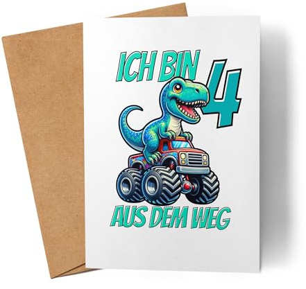 Lilavie-Design Kinder 4. Geburtstag Karte Dino Dinosaurier Auto 4 Jahre Junge Monstertruck