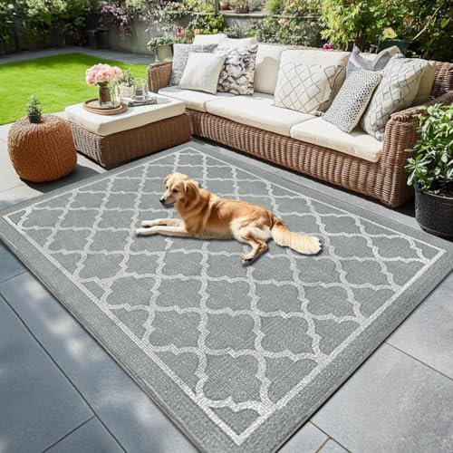 RV MURTS Outdoor Teppich Wetterfest, 140x200CM Leichtgewicht Camping Teppich, Außenteppich Wasserdichter für Balkon Terassen Garten Patio, Waschbar&UV-Beständig Tragbare Outdoor Matte, Graue Gitter.