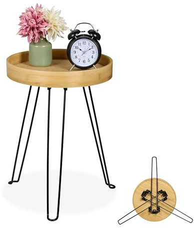 Relaxdays Beistelltisch, Bambus & Metall, Industrial Design, HBT: 47,5x38x38 cm, Wohnzimmer, Couchtisch, Natur/schwarz