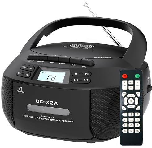 Greadio Portable CD Player with Speakers, Boombox Cassette Player with Bluetooth, AM/FM Radio, USB/AUX Playback, LCD Display, Remote Control, Tape Recording, Battery or Mains Powered, Headphone Jack