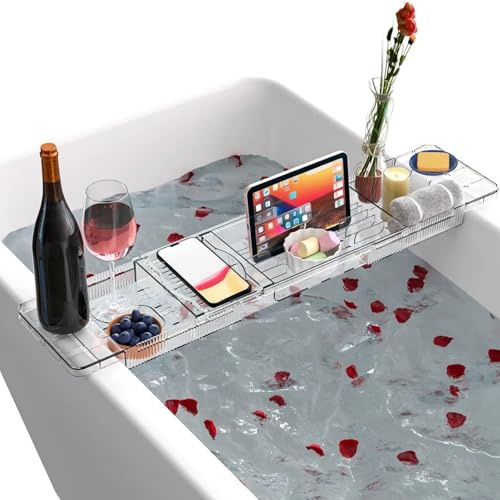 Badewannenablage aus Kunststoff,Verstellbares Badewannenbrett, Badewannentablett für Ipad und Bücher,perfekte Badewannenablage für Spa zu Hause,Badewanne Ablagebrett Geschenk für Frauen