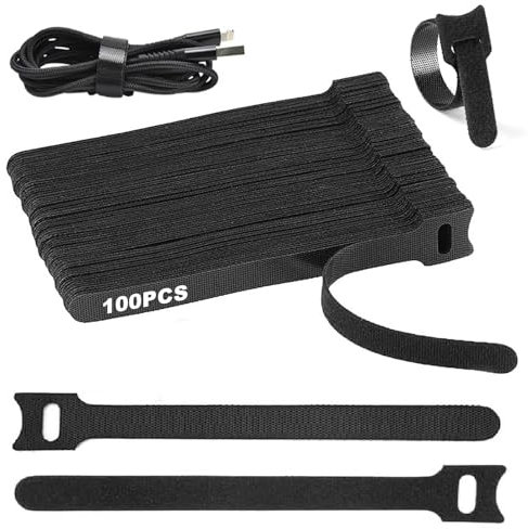 Klett Kabelbinder Wiederverschließbar, 100 Stück Kabelklett Klettverschluss Band, Zuschneidbar Klettverschluss Band, 150 mm x 12 mm, Schwarz Kabel Klettband Klettkabelbinder für Cable Organize